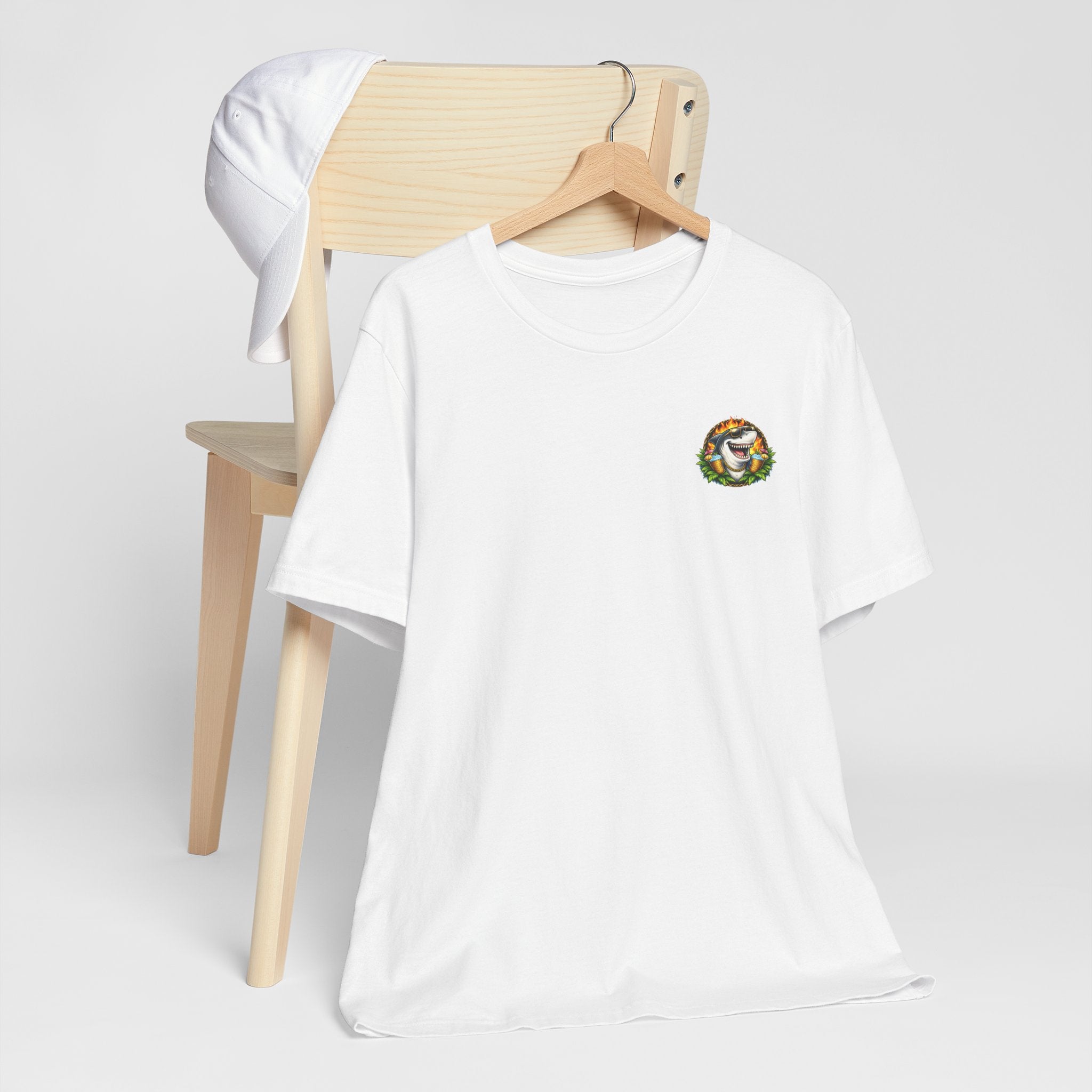 Shark Tiki Party Tee — "Just One More" Tropical Bar Graphic Shirt