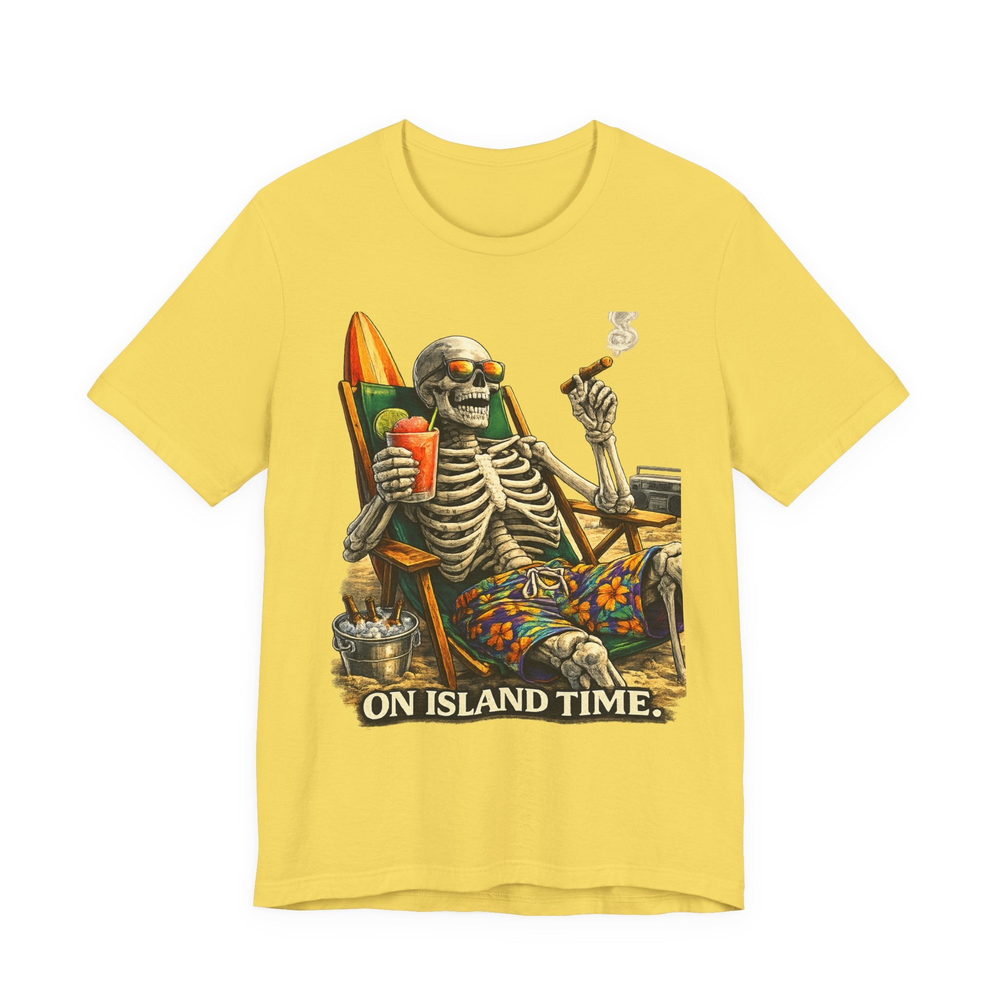Skeleton Beach Tee — "On Island Time" Tropical Skull Vacation T-Shirt