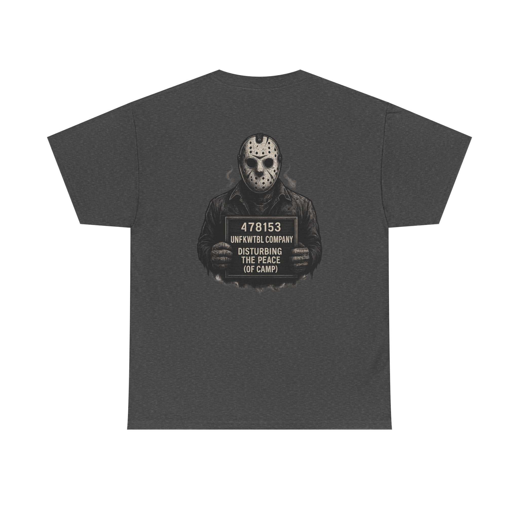 Unisex heavy cotton tee with Jason police mugshot design and ribbed collar