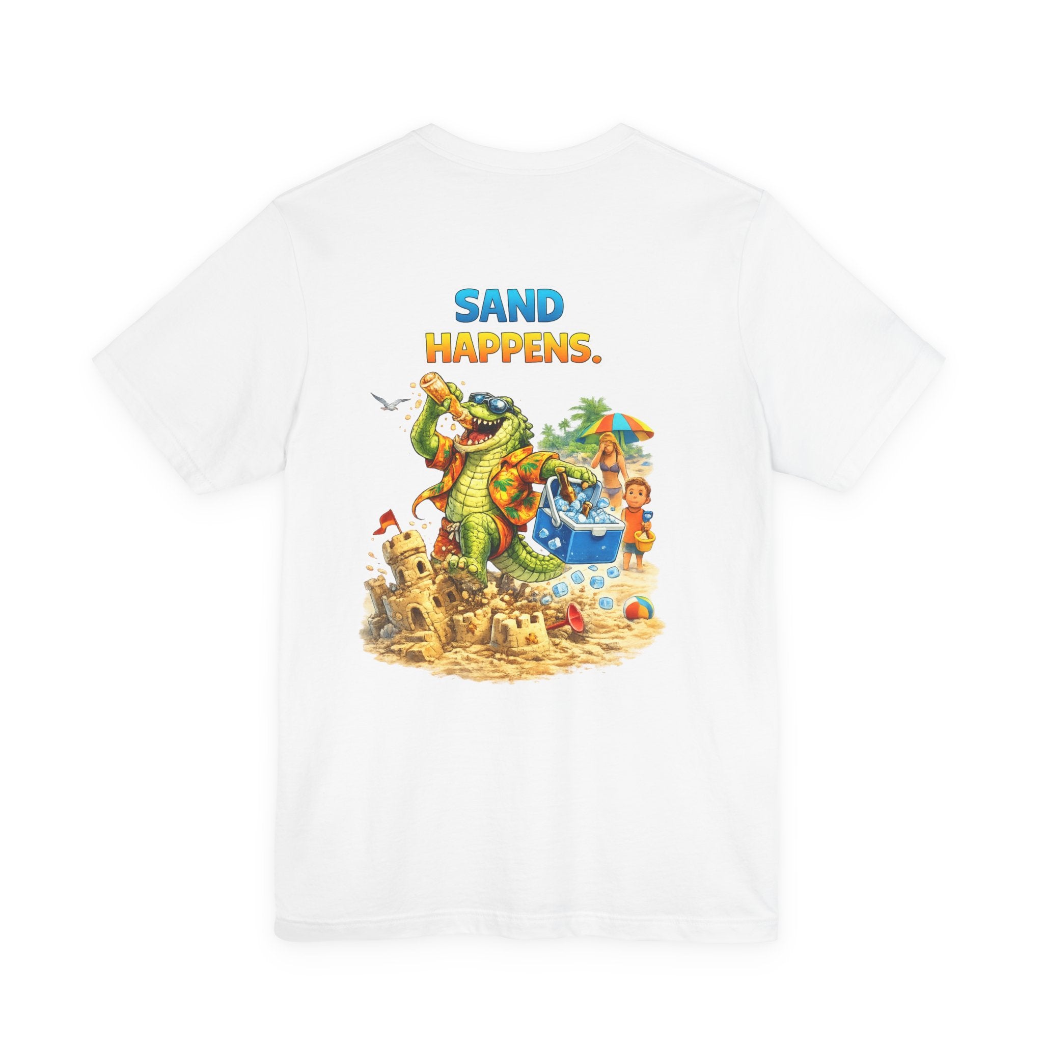 Sand Happens T-Shirt — Playful Alligator Beach Tee