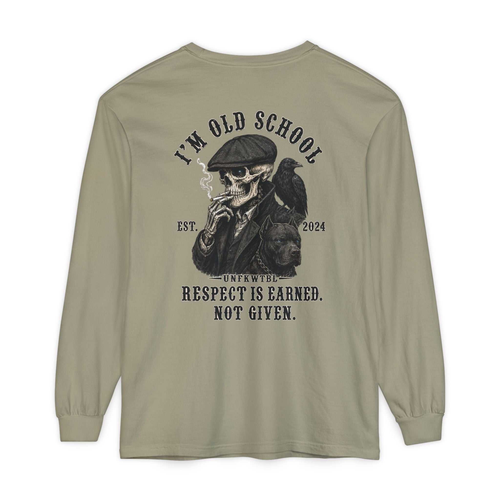 Old School Skull Long Sleeve Tee with vintage skeletal design and "Respect is earned, not given" text on back, garment-dyed cotton