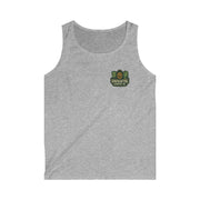 Men's gray Memorial Tribute Tank Top with small military emblem, casual summer wear, lightweight cotton fabric