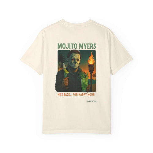 Mojito Lover Unisex Tee featuring Michael Myers and cocktail design on soft cotton shirt