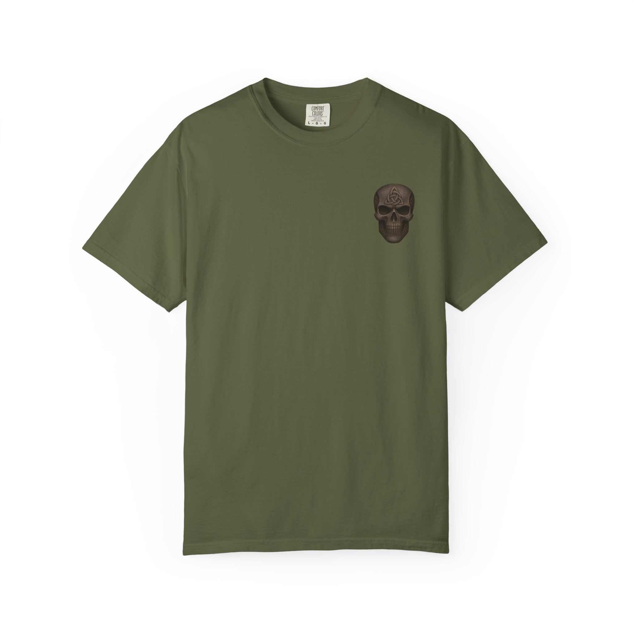 Unisex olive green garment-dyed t-shirt with small black skull graphic on chest, made of 100% ring-spun cotton.