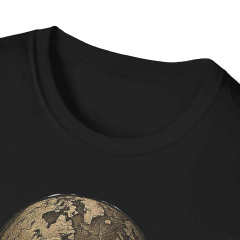 Close-up of black Atlas Strength Unisex Softstyle T-Shirt featuring a bold graphic design and crew neckline.