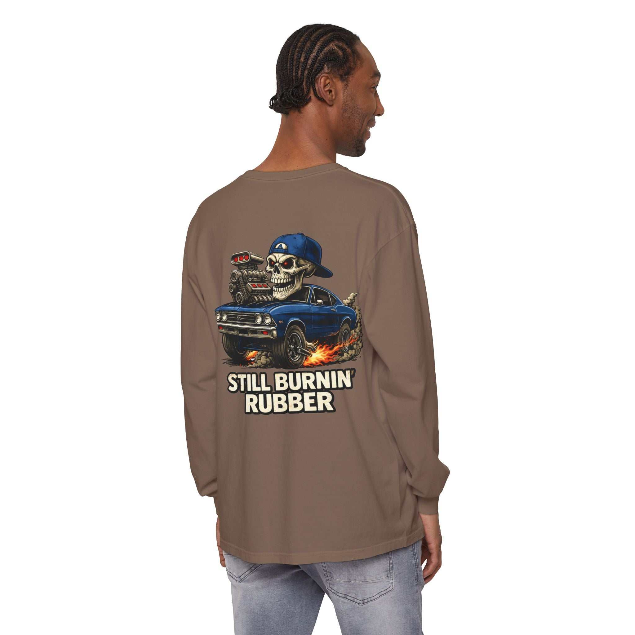 Still Burnin' Rubber Long Sleeve Tee — Retro Skull Muscle Car Graphic