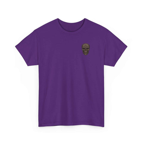 Purple UNFKWTBL JOKER t-shirt with small skull design on chest, made of US cotton, durable and stylish.