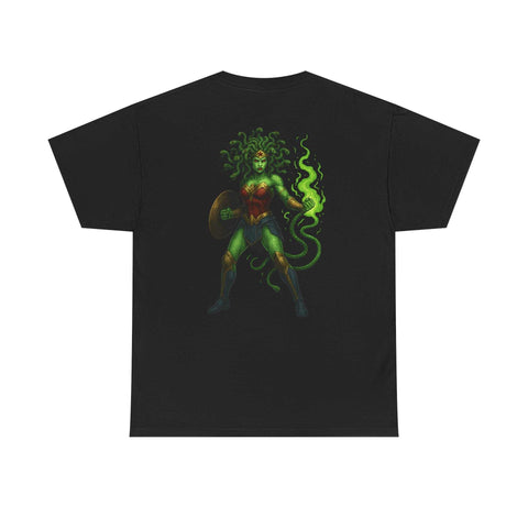 Black unisex tee featuring Medusa as Wonder Woman with glowing green snakes design