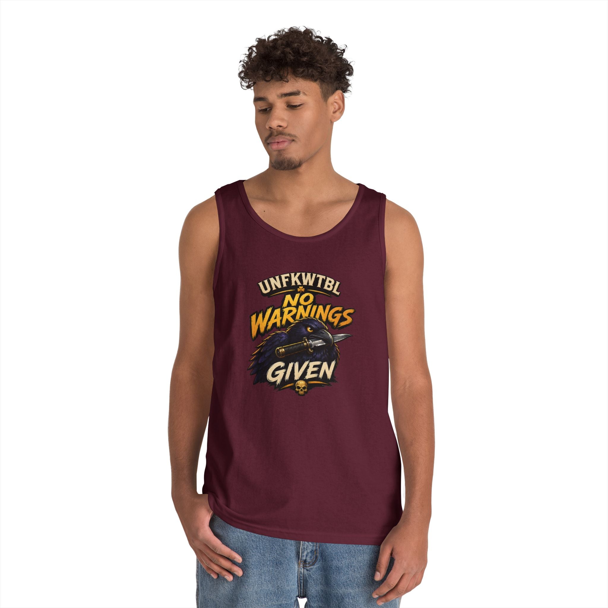 Tank Top — "No Warnings Given" Vintage Motorcycle Rider Graphic