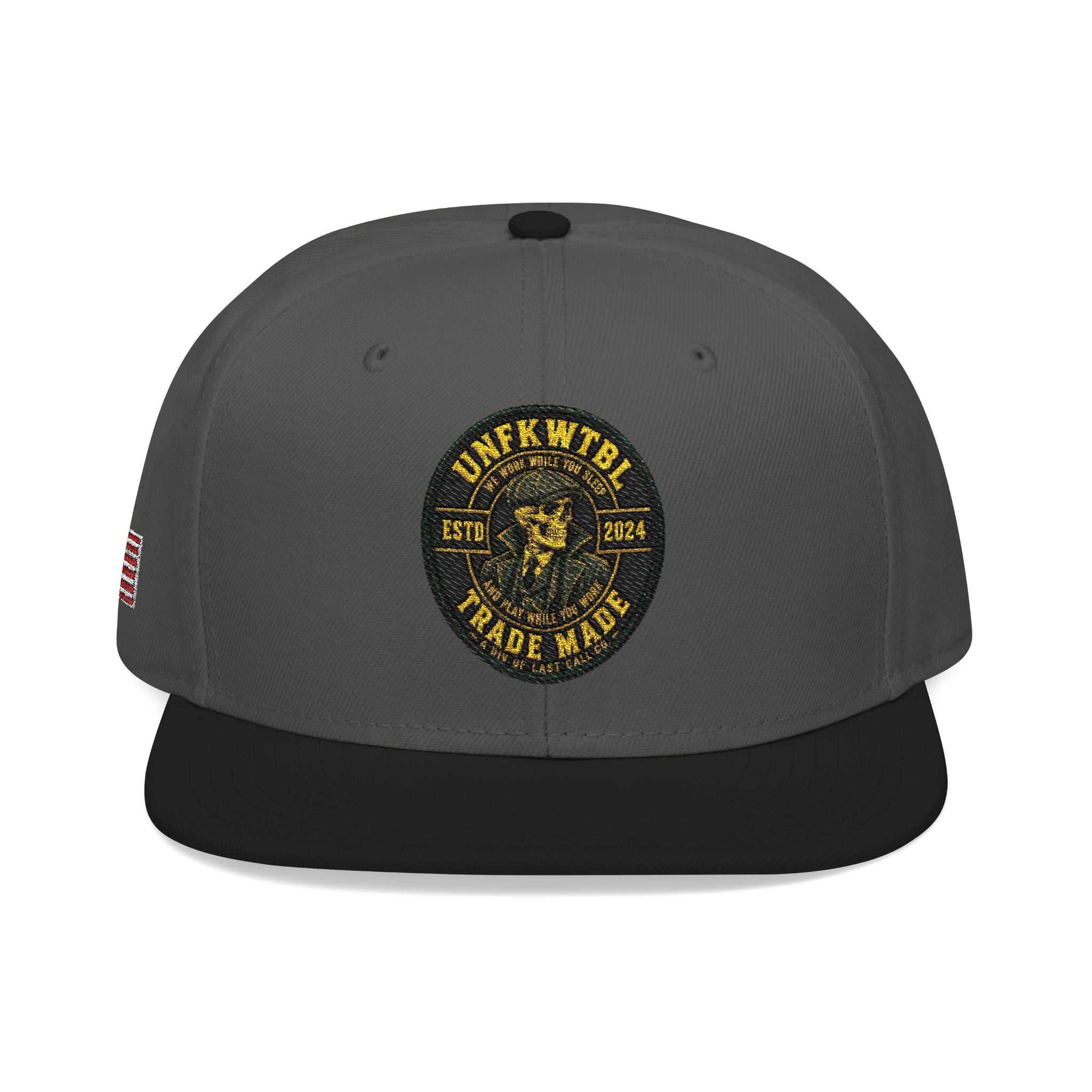 Embroidered Clover Snapback Hat with Lucky Shamrock and American Flag patch on dark grey and black flat-brim design