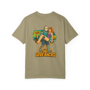 Jason Voorhees T-shirt with Daphne and Scooby Doo mystery print and "No Give Backs" text on back