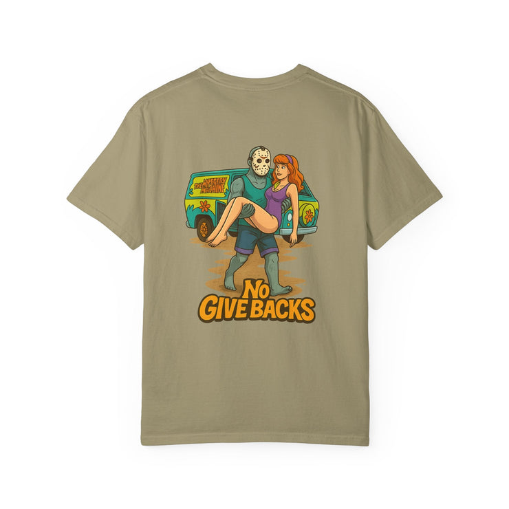 Jason Voorhees T-shirt with Daphne and Scooby Doo mystery print and "No Give Backs" text on back