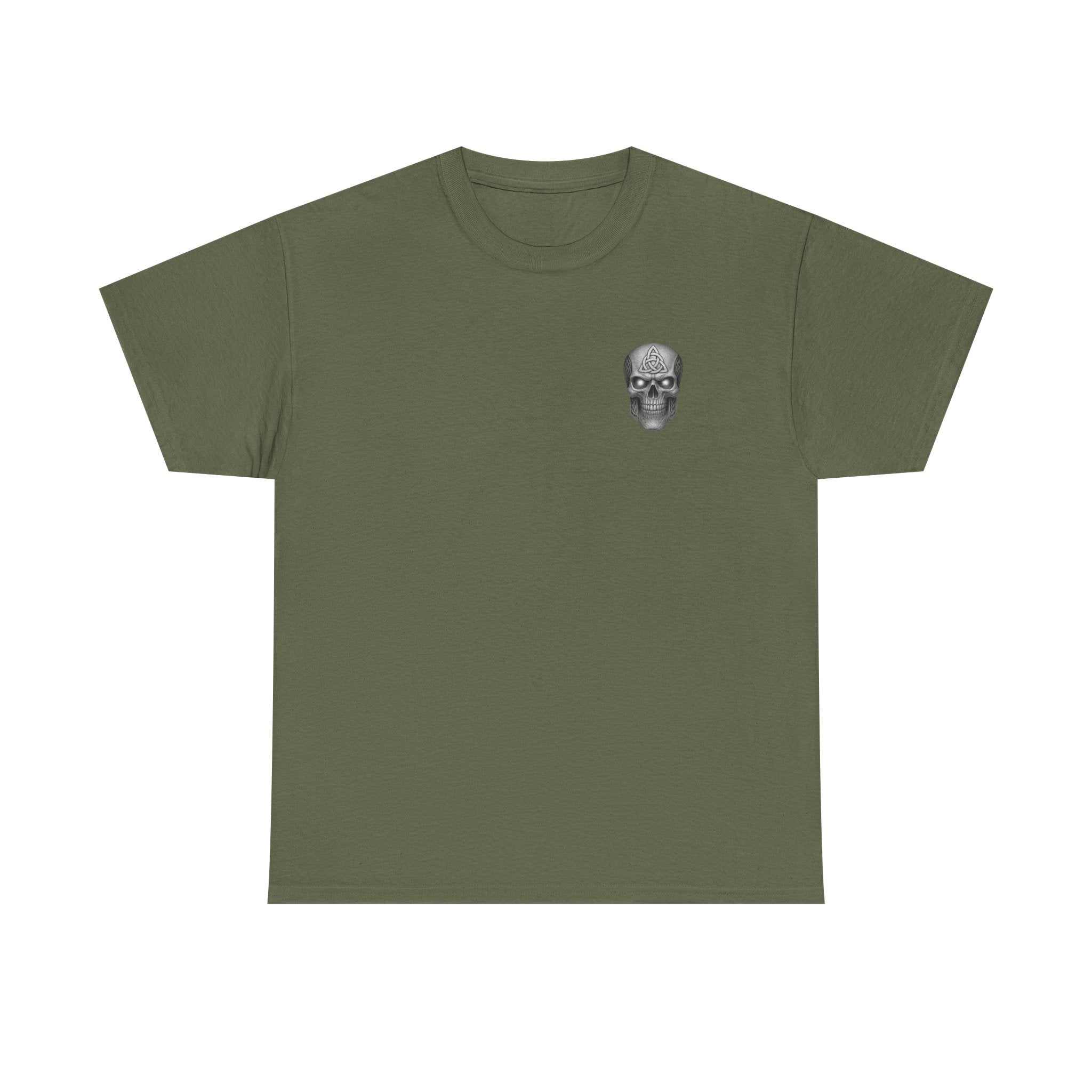 Olive green Atlas Strong Unisex Tee with small detailed skull graphic on chest, classic fit, sturdy fabric for printing, and ribbed collar.