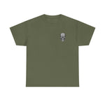 Olive green Atlas Strong Unisex Tee with small detailed skull graphic on chest, classic fit, sturdy fabric for printing, and ribbed collar.