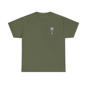 Olive green Atlas Strong Unisex Tee with small detailed skull graphic on chest, classic fit, sturdy fabric for printing, and ribbed collar.