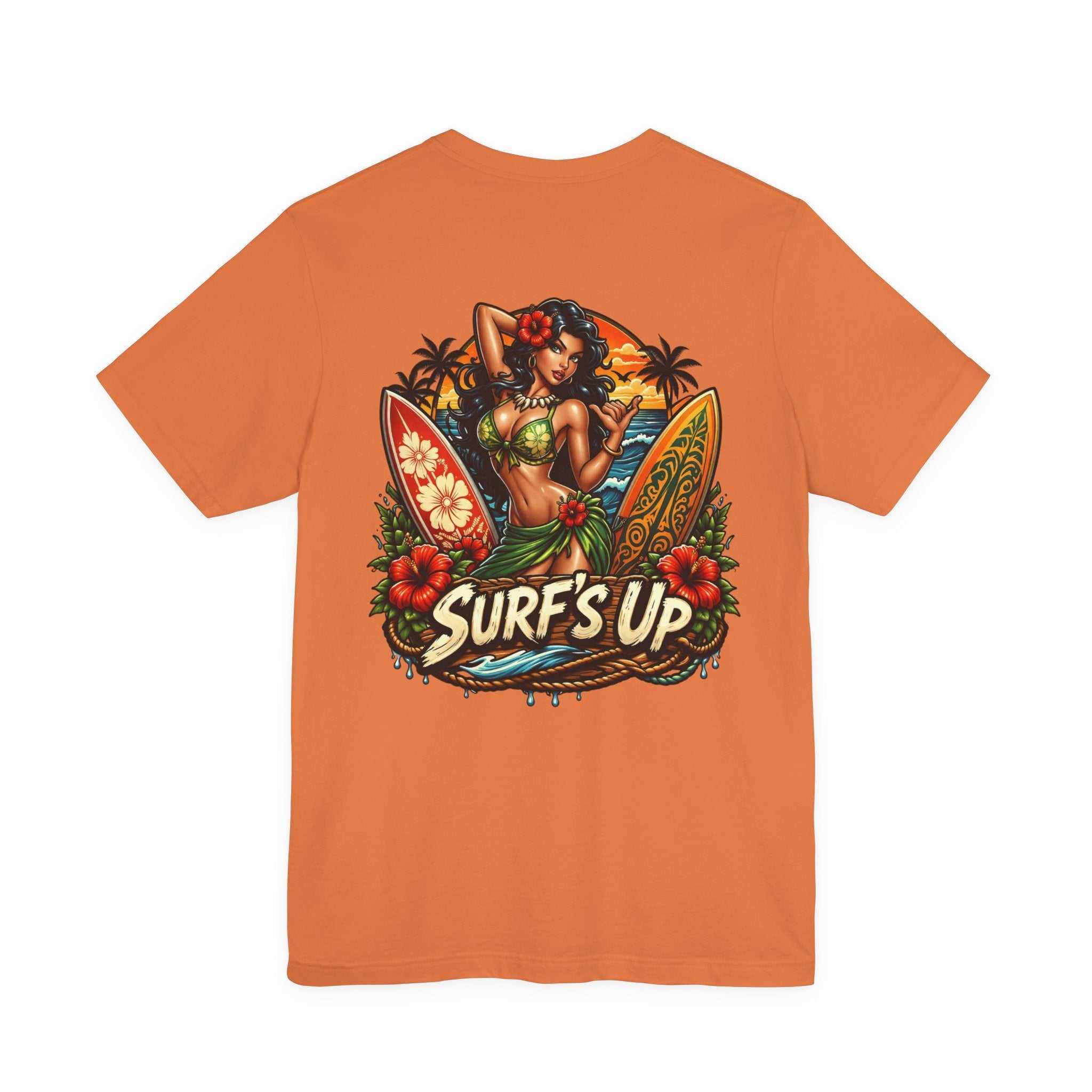 Hawaiian Surfboard T-Shirt with vibrant surfboard graphic, hula girl, and tropical blooms on soft breathable cotton