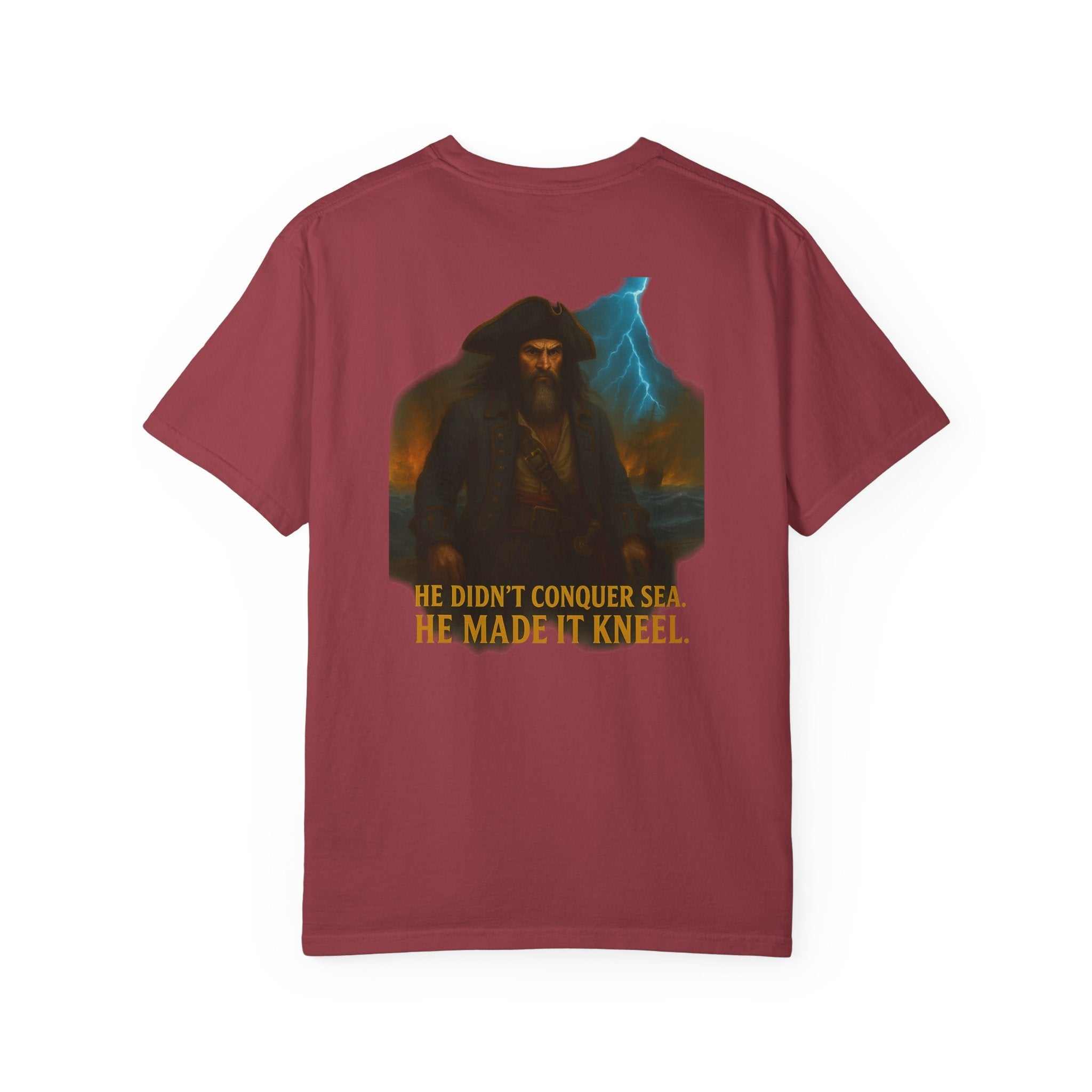 Blackbeard Pirate Lord graphic on red garment-dyed unisex t-shirt with bold text, casual outdoor adventure wear