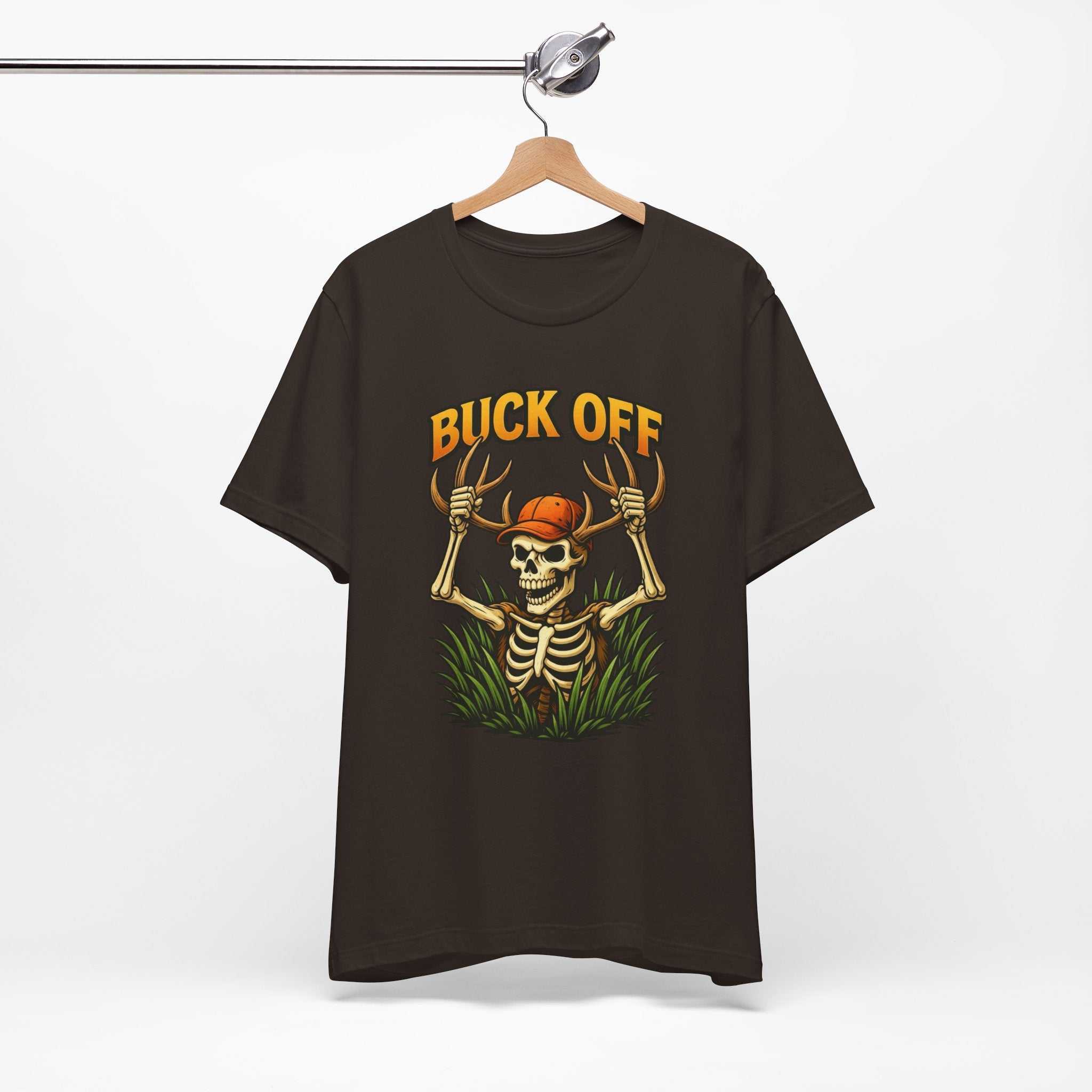 Buck Off Skeleton hunting t-shirt with grinning skeleton and camo design