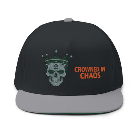 Gothic Skull Flat Bill Cap, Urban Fashion Hat, Embroidered Snapback, Crowned in Chaos, Streetwear Accessory, Gift for Him/Her