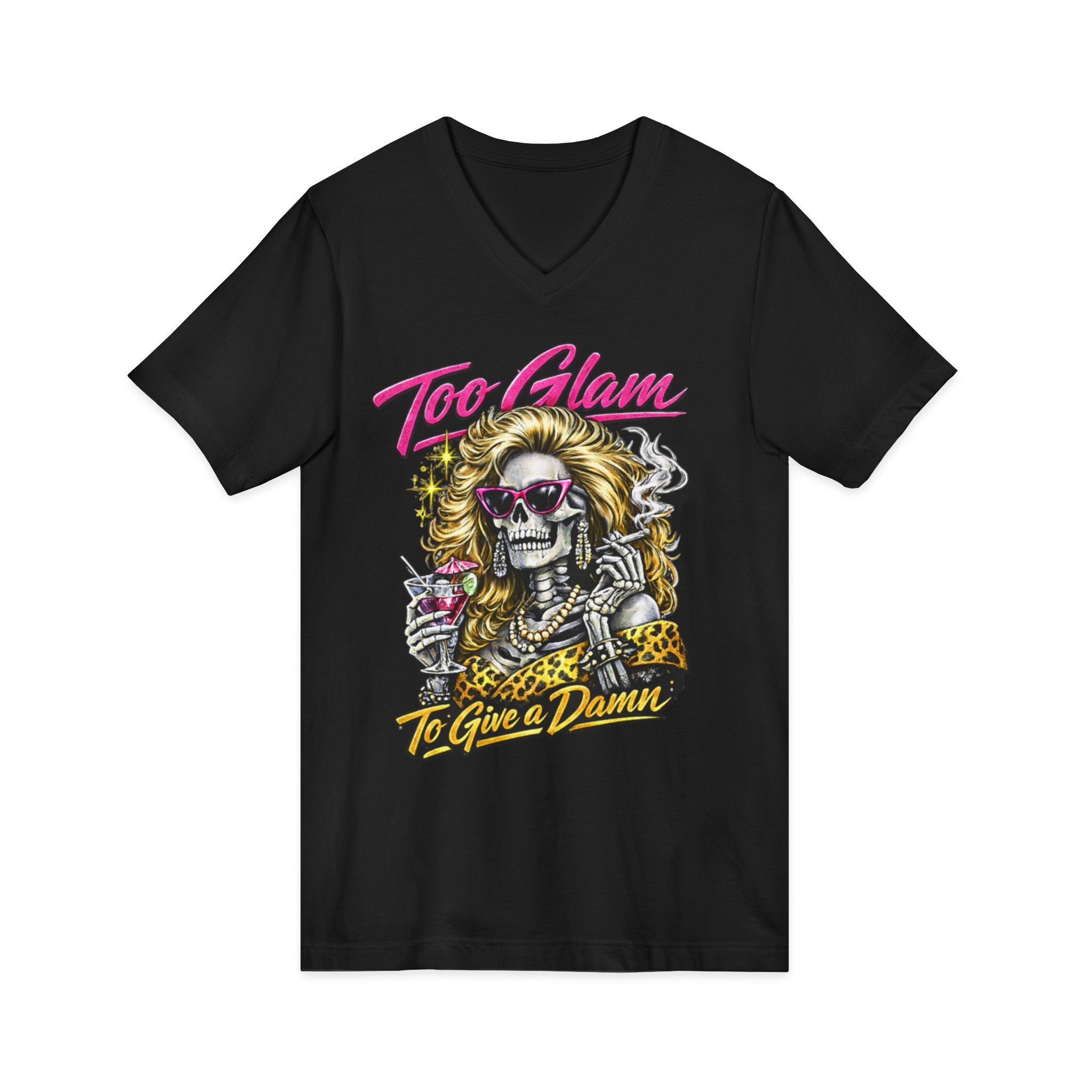Too Glam To Give a Damn Skull Tee — Retro Glam Rock V-Neck Shirt