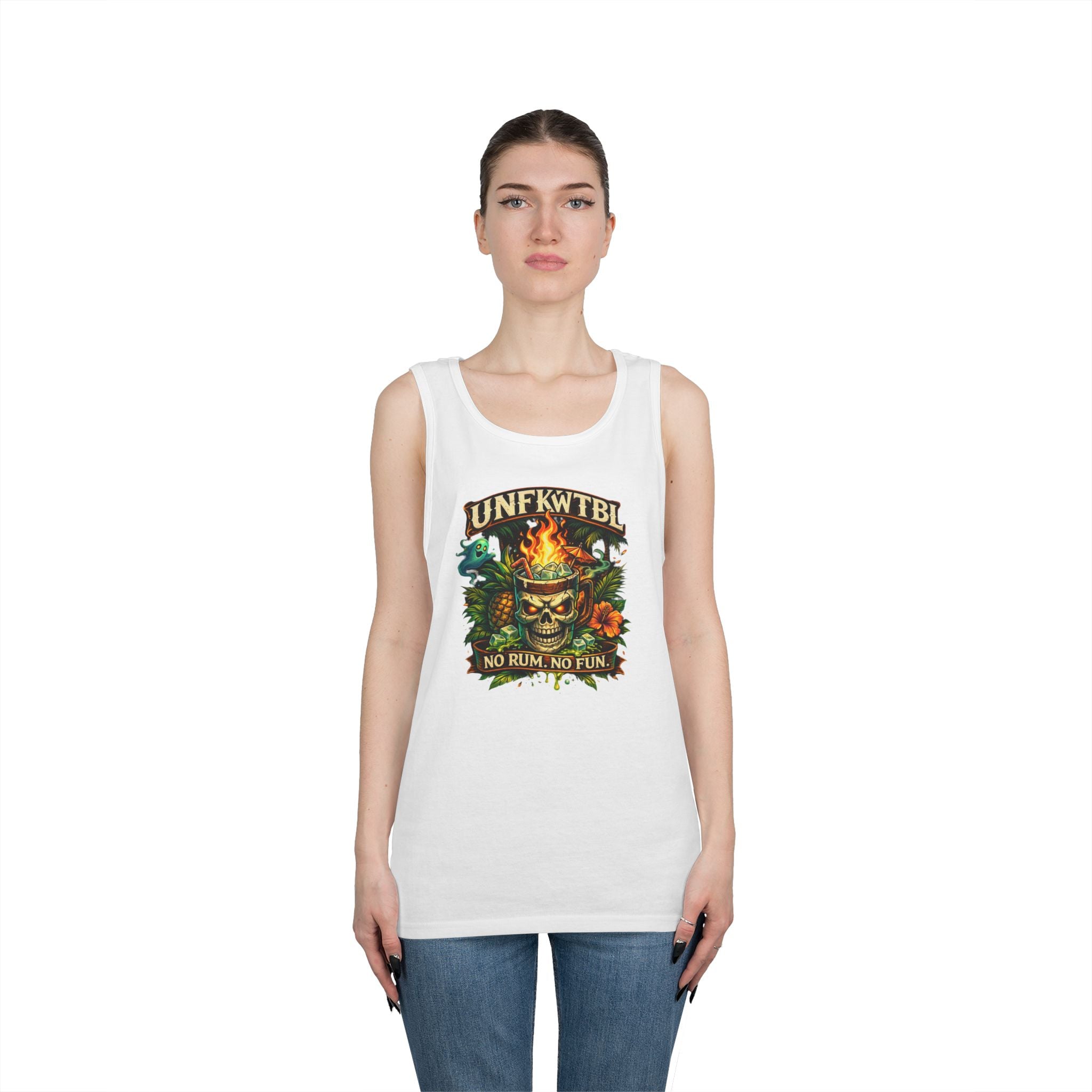 Tiki Skull Tank Top — “No Rum, No Fun” Tropical Beach Party Graphic Tank