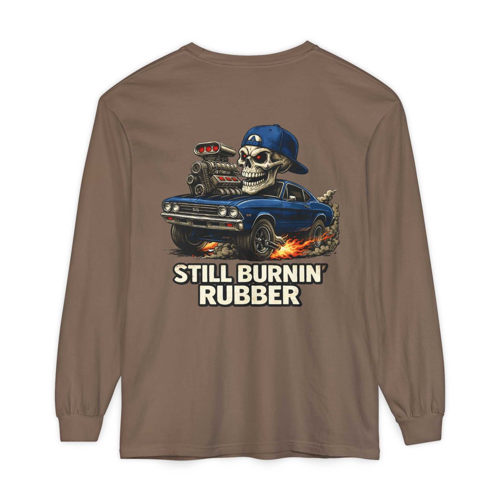 Still Burnin' Rubber Long Sleeve Tee — Retro Skull Muscle Car Graphic