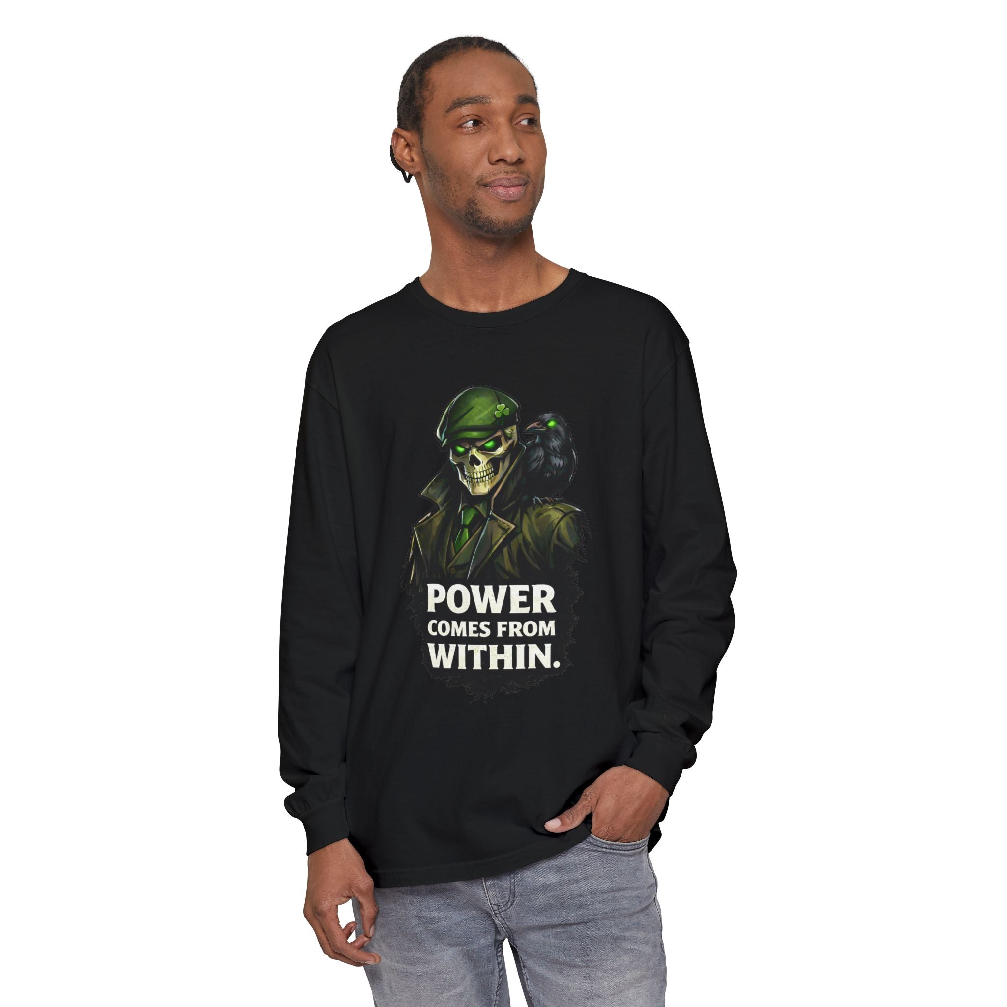 Long Sleeve T-Shirt — 'Power Comes From Within' Skull Soldier Graphic