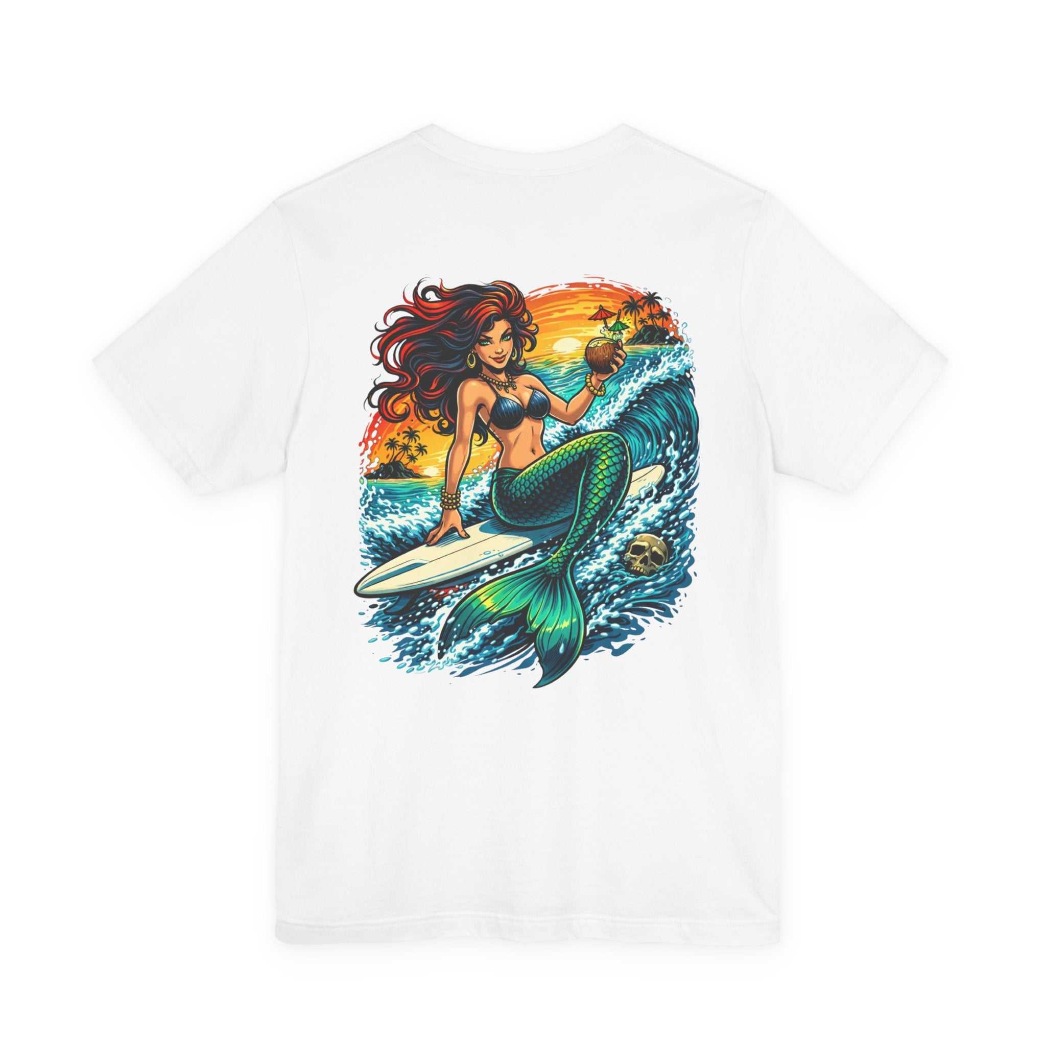 Mermaid Surfer T-Shirt with retro beach surfing graphic, breathable cotton, and vibrant ocean design