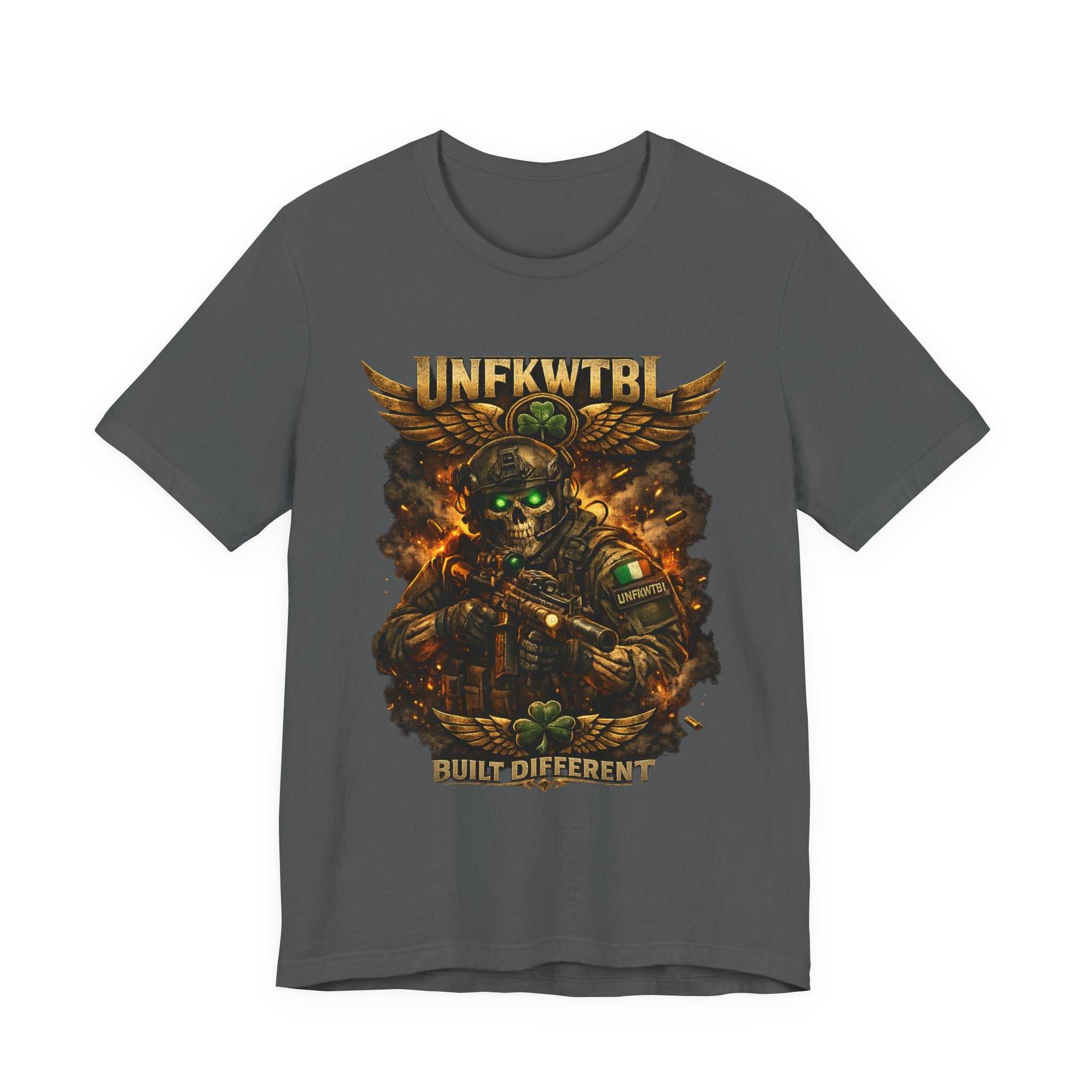 Built Different Military Skull Tee — "UNKFWTBL" Tactical Graphic T-Shirt