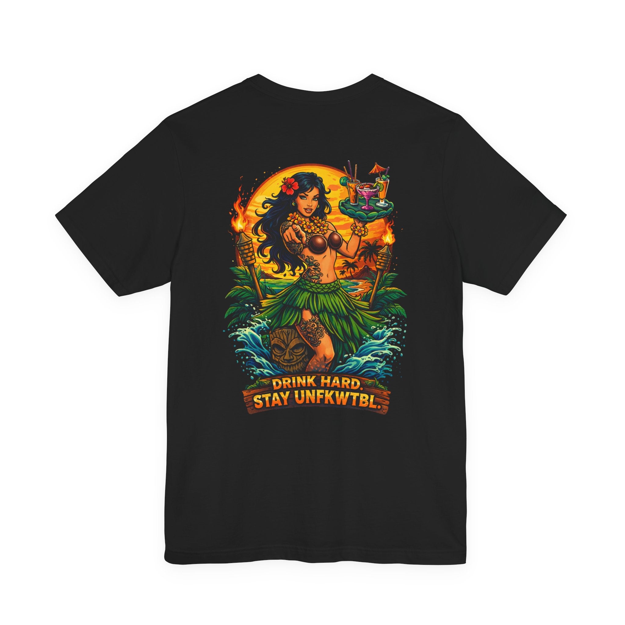 Hawaiian Hula Mermaid T‑Shirt — "Drink Hard Stay Unfwktbl" Tropical Bar Tee