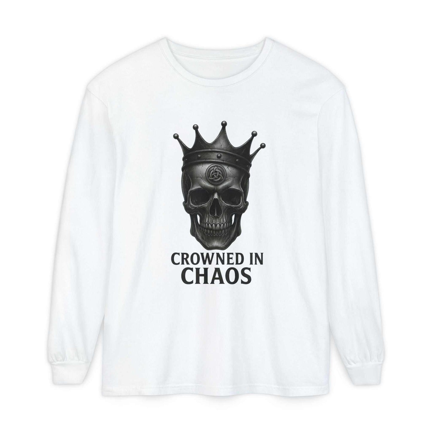 White long sleeve t-shirt with crowned skull graphic and "CROWNED IN CHAOS" text front design