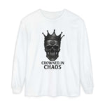 White long sleeve t-shirt with crowned skull graphic and 