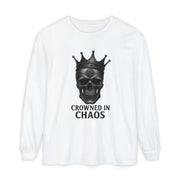 White long sleeve t-shirt with crowned skull graphic and "CROWNED IN CHAOS" text front design