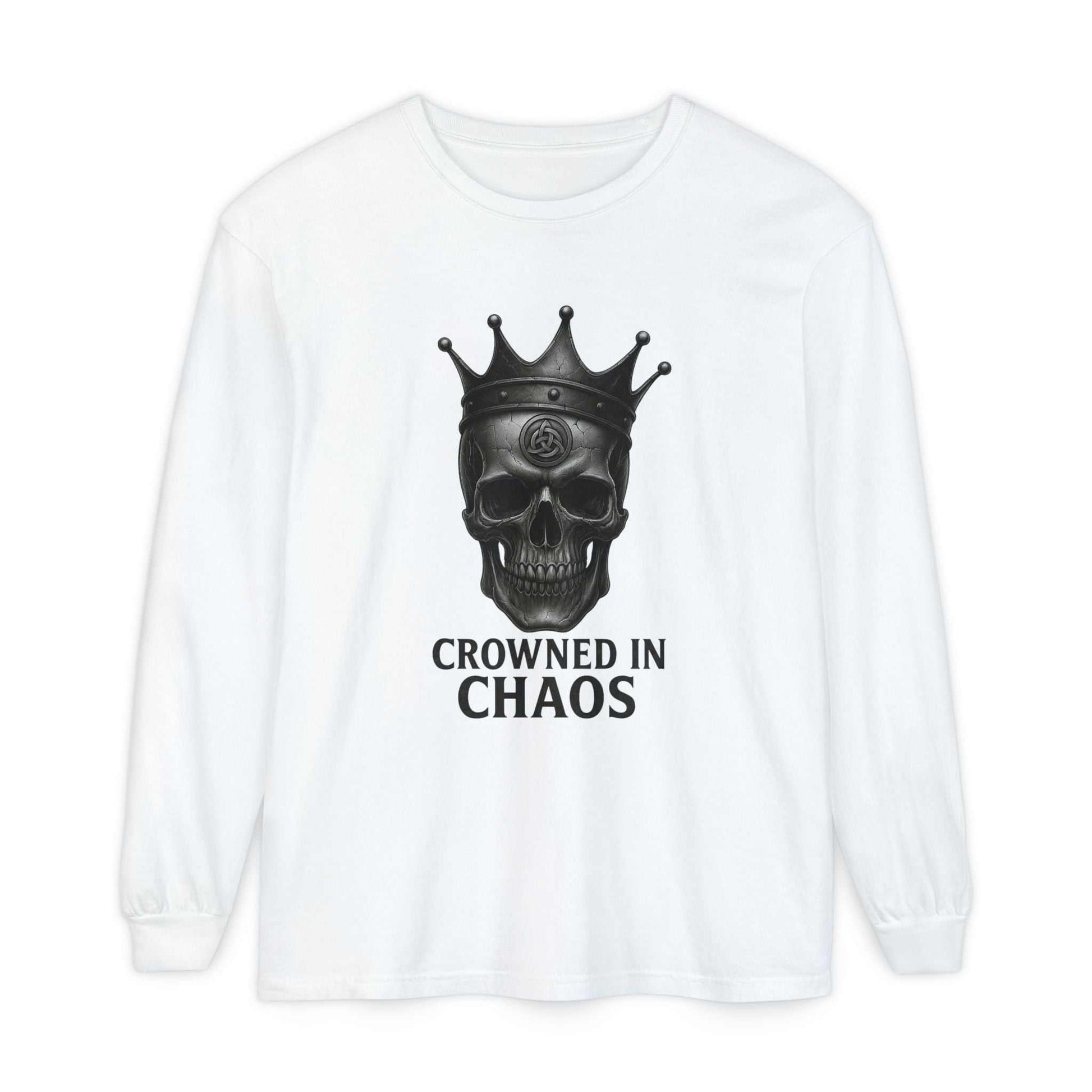 White long sleeve t-shirt with crowned skull graphic and "CROWNED IN CHAOS" text front design