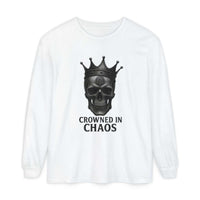 White long sleeve t-shirt with crowned skull graphic and "CROWNED IN CHAOS" text front design