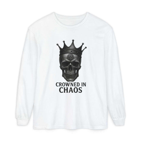 White long sleeve t-shirt with crowned skull graphic and "CROWNED IN CHAOS" text front design