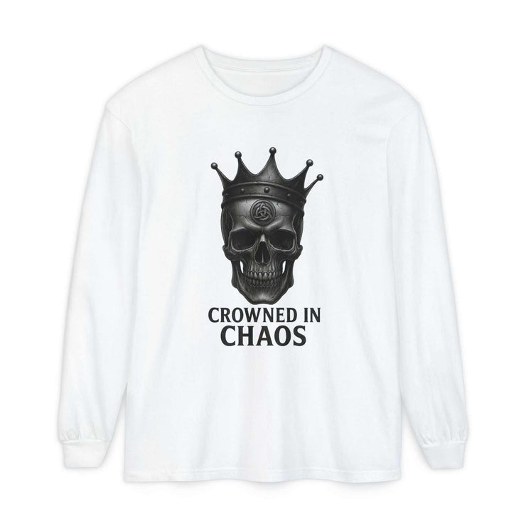 White long sleeve t-shirt with crowned skull graphic and "CROWNED IN CHAOS" text front design