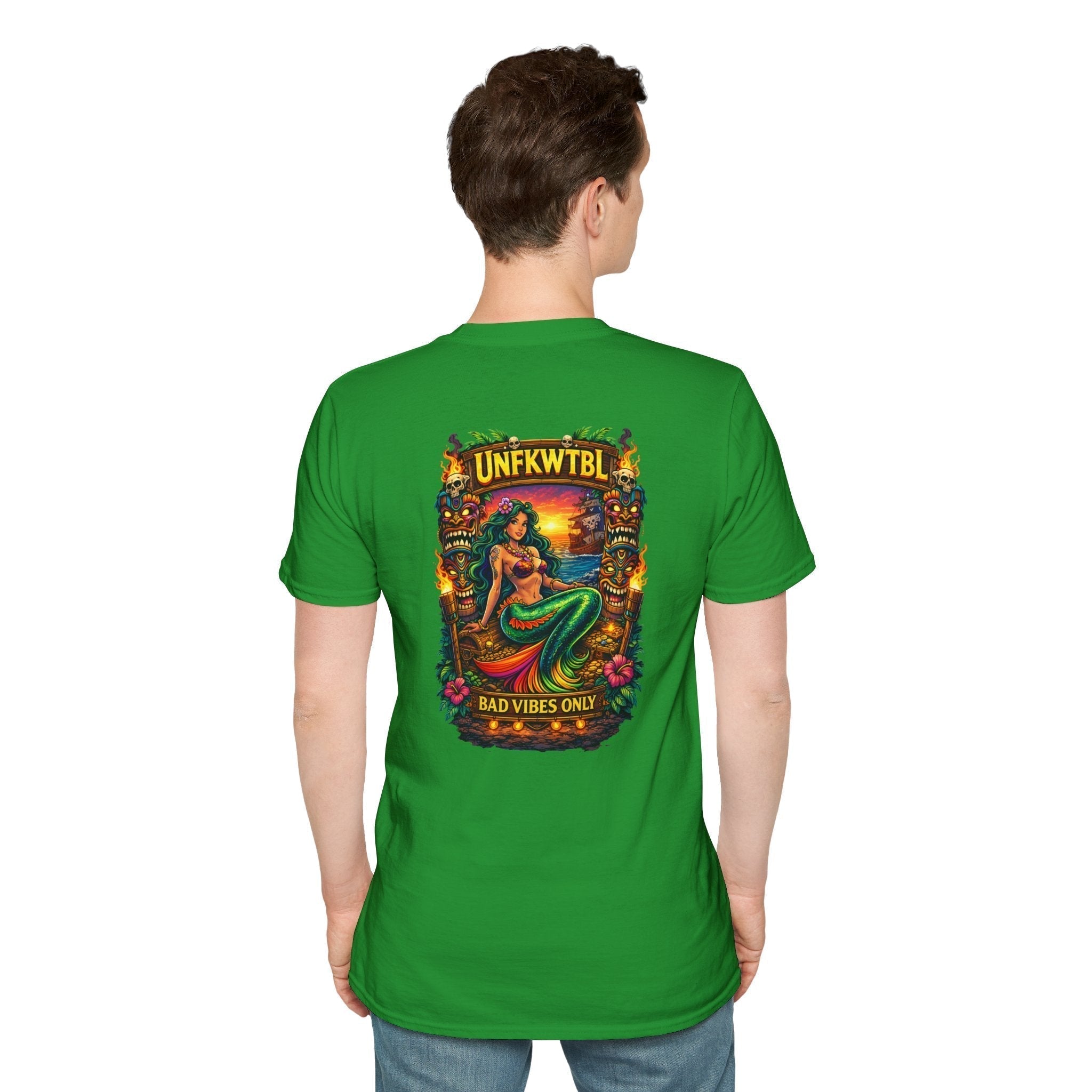 Bad Vibes Only mermaid sunset t-shirt with retro island graphic and tropical beach vibes