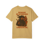 Beige Pirate T-shirt featuring Blackbeard the Pirate graphic and "Beware Blackbeard" text on back