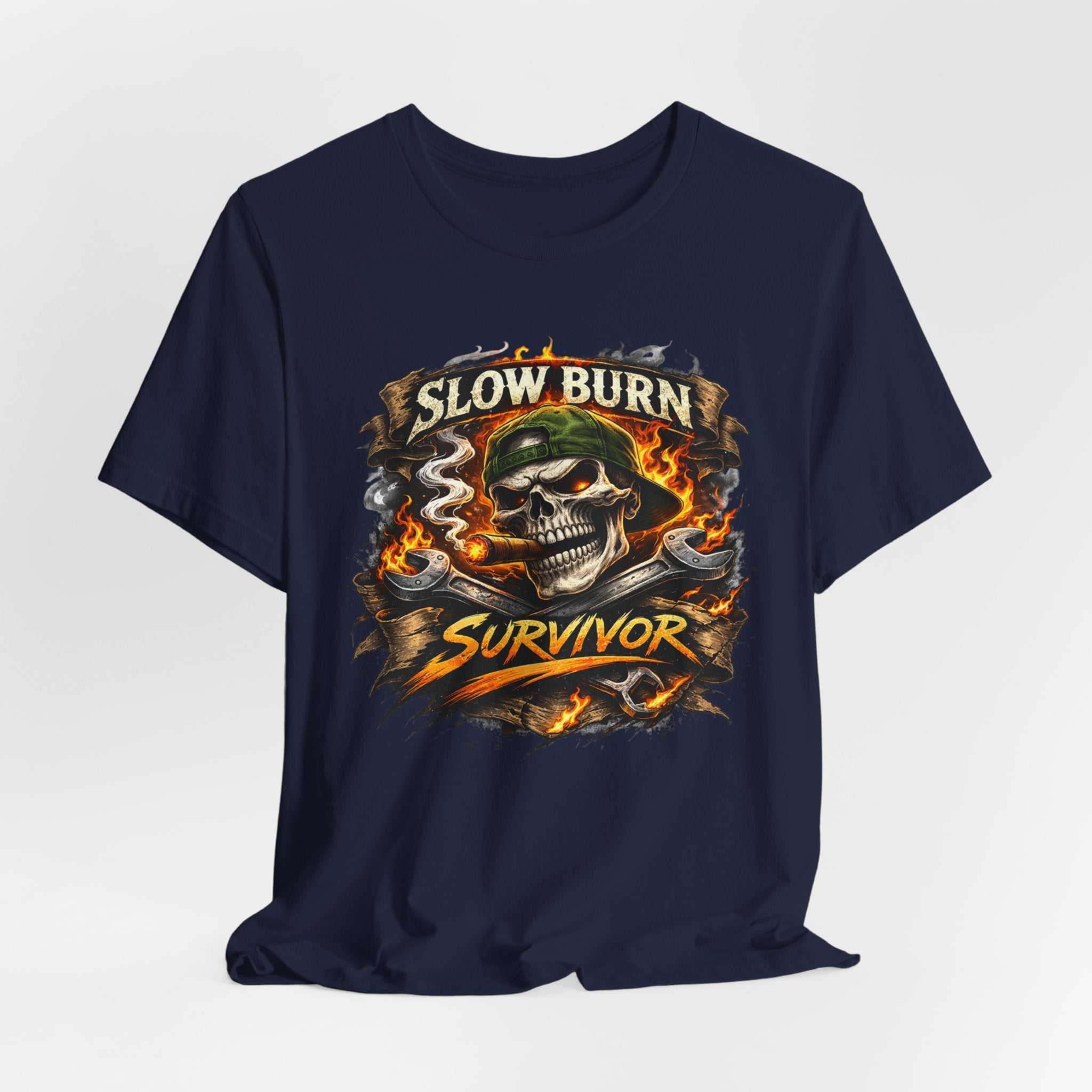 Slow Burn Survivor T‑Shirt — Skull Flame Vintage Motorcycle Tee