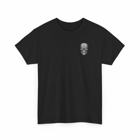 Black unisex heavy cotton tee with small skull graphic on chest, classic fit, durable fabric