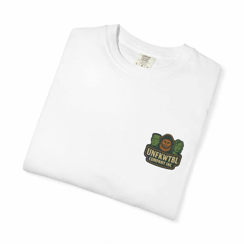 White unisex tribute t-shirt with vintage-style logo graphic, soft garment-dyed fabric, and comfortable crew neck design.
