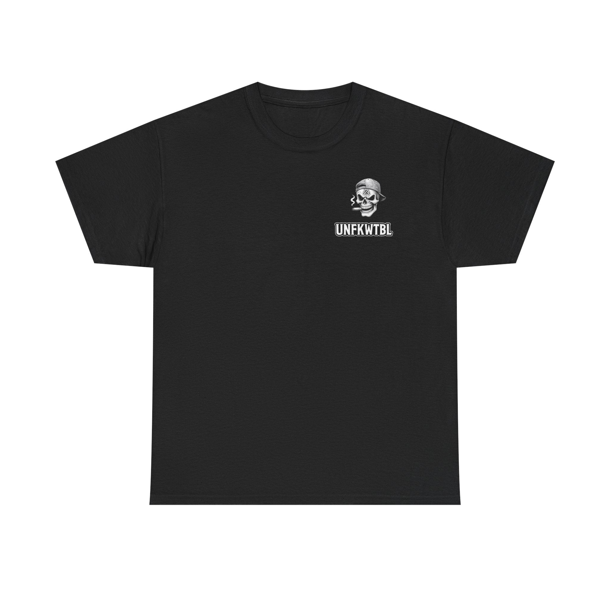 Skull & 'UNFKWTBL' graphic tee with small monochrome skull emblem on chest, vintage biker style in medium-weight cotton