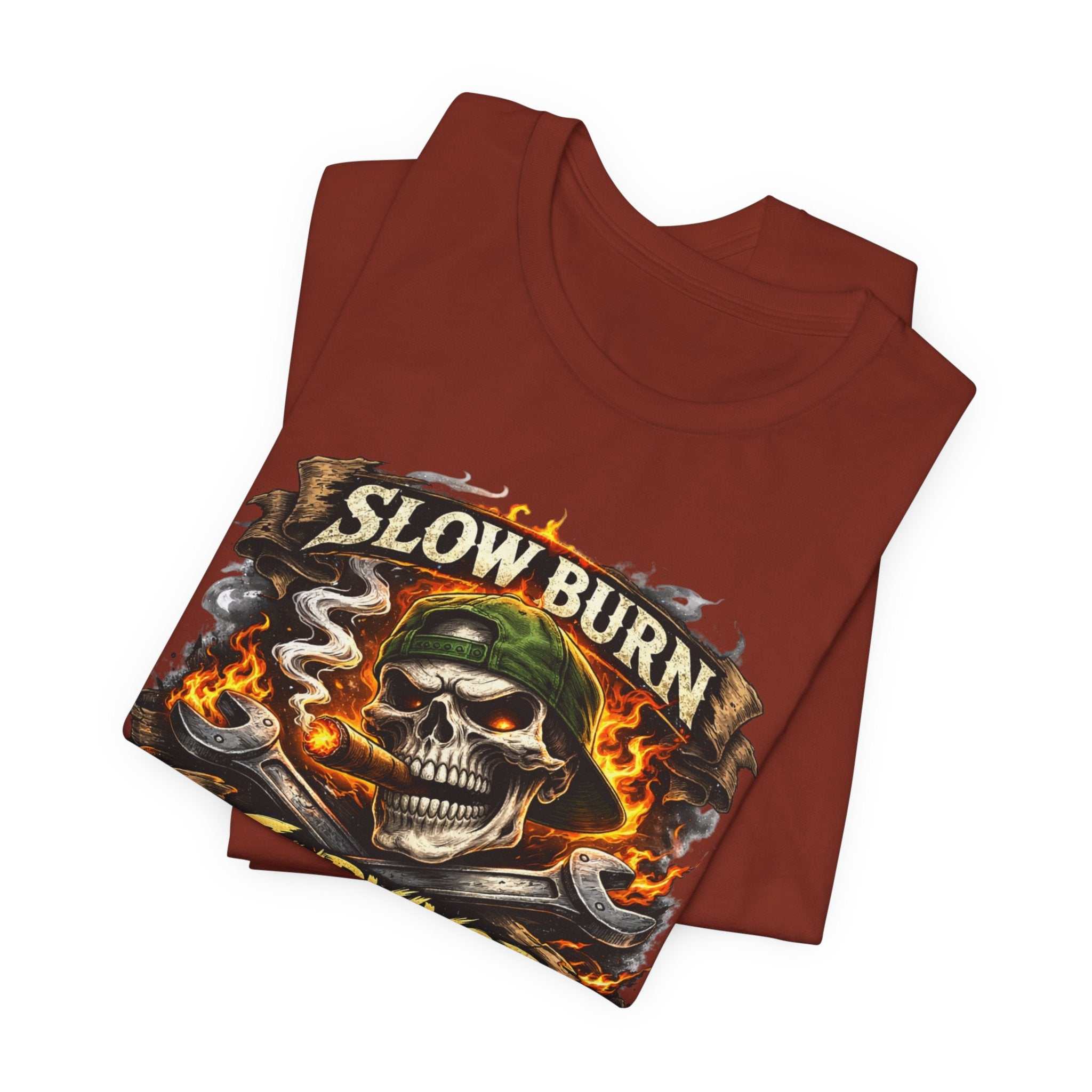Slow Burn Survivor T‑Shirt — Skull Flame Vintage Motorcycle Tee