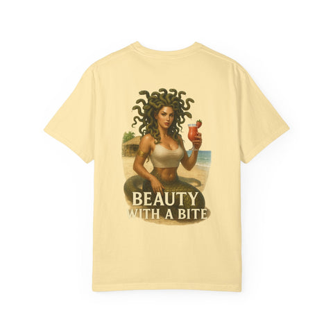 Medusa Beauty T-shirt with Strawberry Daiquiri design and "Beauty with a Bite" text on beige fabric