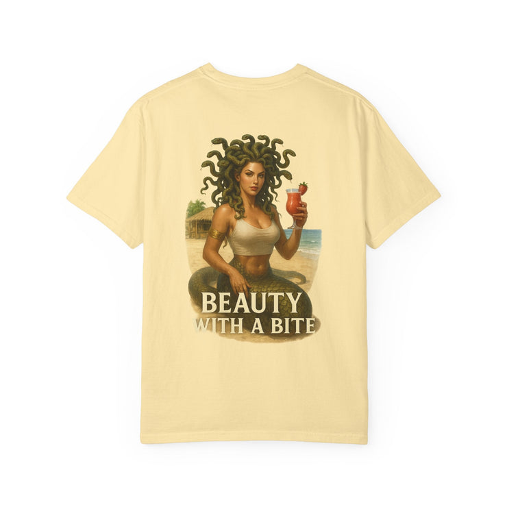 Medusa Beauty T-shirt with Strawberry Daiquiri design and "Beauty with a Bite" text on beige fabric