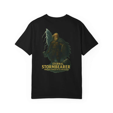 Black unisex Eternal Stormbearer T-Shirt with fantasy warrior graphic and text "Freedom Forged in Ice and Blood"