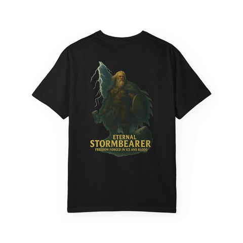 Black unisex Eternal Stormbearer T-Shirt with fantasy warrior graphic and text "Freedom Forged in Ice and Blood"