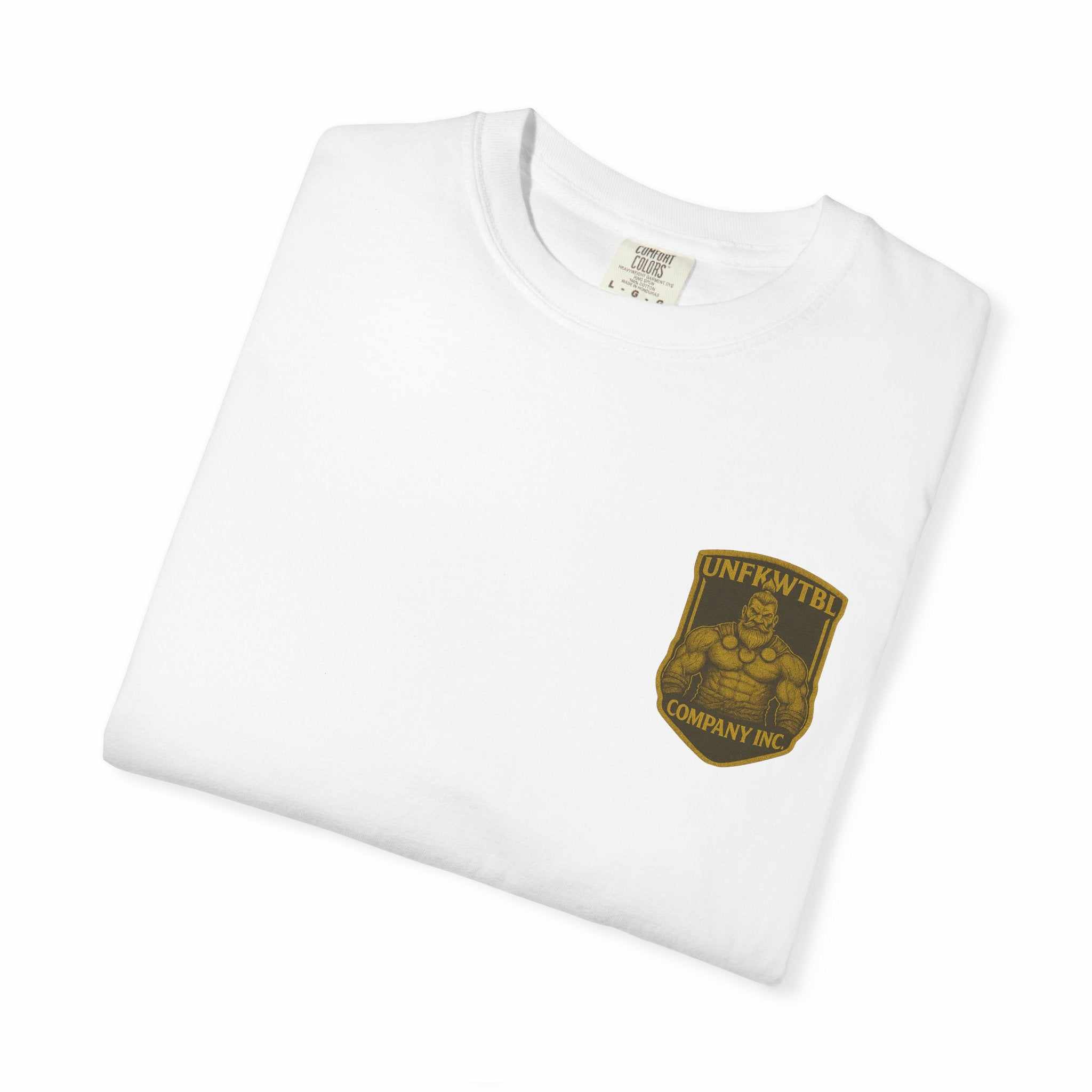 White Viking Warrior Unisex Tee with gold Viking warrior logo on chest, garment-dyed soft cotton fabric
