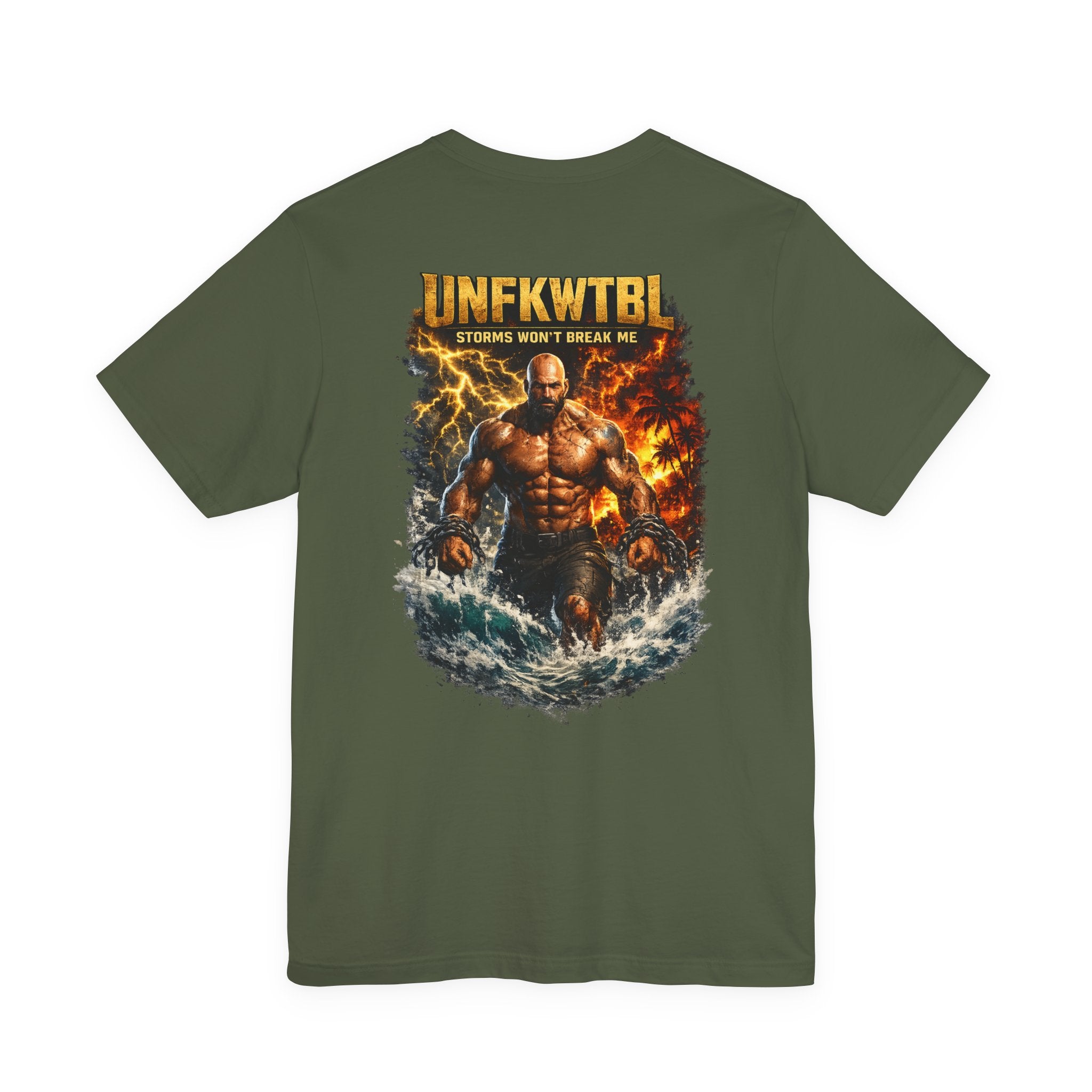 Unfkwtbl Storms Won’t Break Me Graphic Tee — Muscular Warrior Lightning & Ocean Back Print